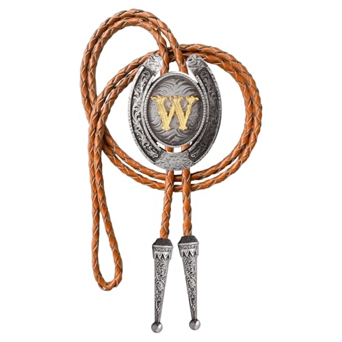 Image of Vintage Western Cowboy Monogram Initial Letter Bolo Tie for Men | Premium brown braided leather, adjustable sliding clasp, anti-tarnish alloy pendant, versatile A-Z western bolo tie