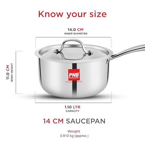 Image of PNB Kitchenmate Triply Stainless Steel Saucepan with Steel Lid 14cm (1.1 Litre) | Heavy Bottom Tea Pan & Milk Pan for Chai, Coffee | 2.5mm Thick Induction Base - 5 Years Warranty