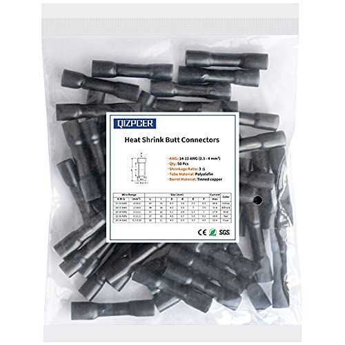 Heat Shrink Butt Connectors, 50Pcs 14-12 AWG Black Marine Grade Insulated Crimp Wire Connectors, Waterproof Electrical Connectors Butt Splice for Boat Truck Wiring