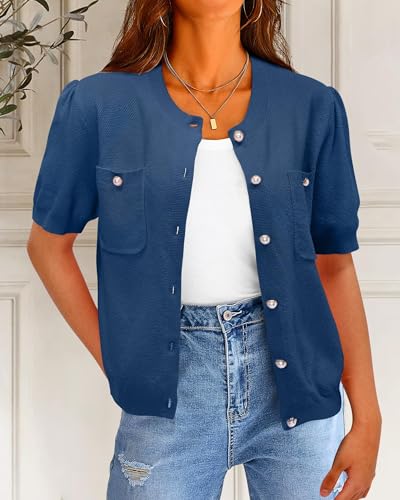 Image of Newshows Womens Spring Cardigan Sweaters Lightweight Short Sleeve Button Down Shirts Ribbed Knit Blouse Tops 2026 Trendy