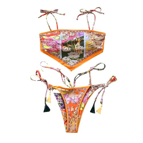 SuPa Two Piece Swimsuit for Women Boho Bikini Adjustable Ties Triangle Top with Side Tie Sexy Thong