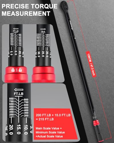 Image of Atsafepro 3 /4 Torque Wrench 100-850 Ft-Lb -±3% Accuracy, 47.3 inch Long Handle, 48-Tooth Reversible Ratchet, Cr-V Steel, Dual Scale,3 /4 inch Drive Click Heavy Duty Torque Wrench for Industrial, Truck, Turbine