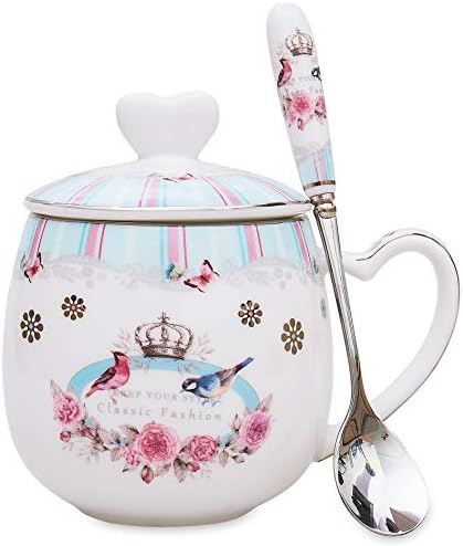 LanHong - 13 oz Queen Coffee Mug Bone Porcelain Tea Cup with Lid and Spoon Cute Animal Christmas Mug Gift for Friend Colleague Dad Mom