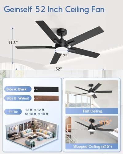 Geinself 52 Inch Ceiling Fans with Lights, Black Smart Ceiling Fan Compatible with Alexa, LED Fan with Remote and 5 Two-Sided Blades, High CFM Ultra Quiet Large Fan for Bedroom, Living Room thumbnail 2