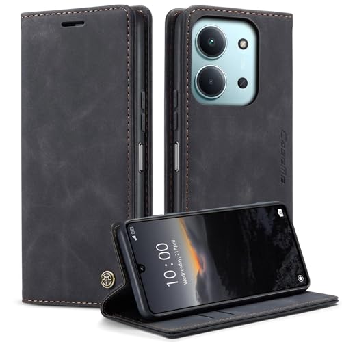 owlhold hülle Xiaomi Redmi 15C klapphülle Premium Lederhülle Weiches Vintage-Nubukleder Faltbare Ständer Schutzhülle Kartenfach Standfunktion stoßfest Handyhülle Xiaomi Redmi 15C -Schwarz