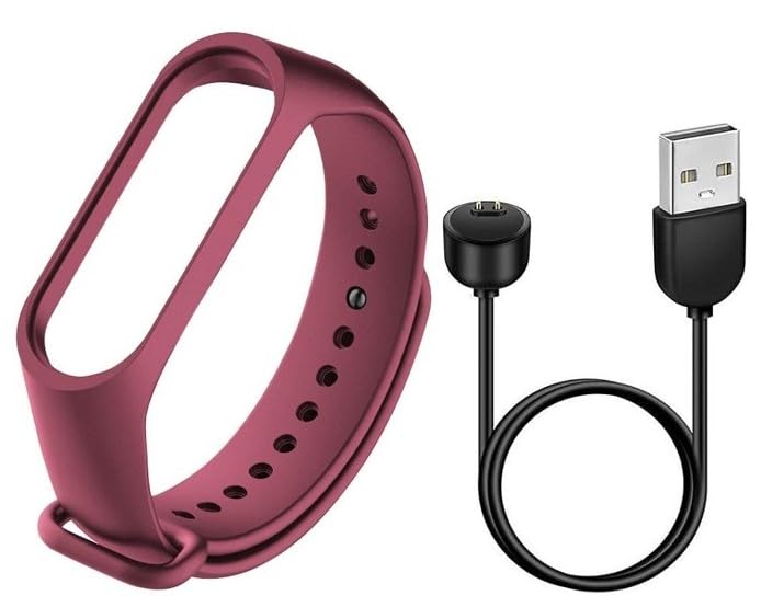 TechMount New Combo Pack of Silicone Watch Band Strap With Magnetic USB Charging Cable Adapter Compatible With Mi Band 5 Strap Charger Combo Pack Of 2 (WINE)