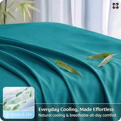 Image of Bedsure California King Sheet Sets, Cooling Sheets, Rayon Derived from Bamboo, PureWoven, Breathable & Soft, Deep Pocket Up to 16 Inches, Hotel Luxury Silky Bedding for Hot Sleepers, Turquoise