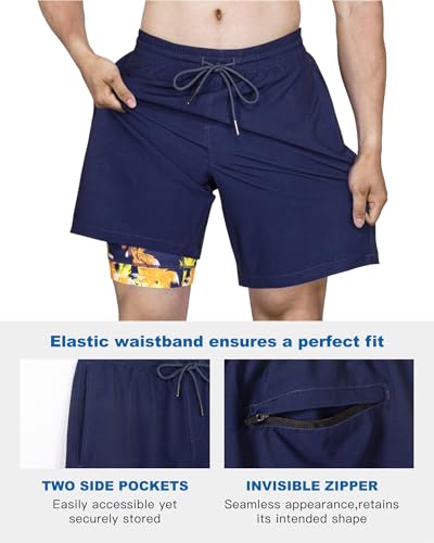 Image of SURF CUZ Mens Swim Trunks with Compression Liner Swim Shorts 7 inch Swimming Trunks Stretch 7 Inch Swim Suits Quick Dry