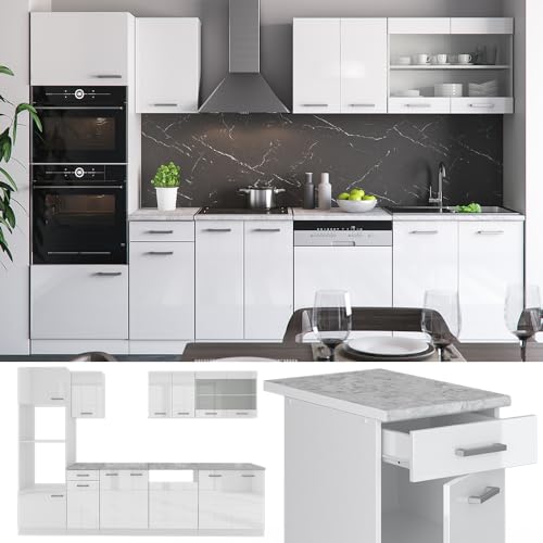 Miniatura 6 de Vicco Mueble De Cocina R-Line, Blanco Alto Brillo, 300 Cm Con Armario Alto, Et Antracita, Con Módulos De Disposición Variable Y Patas Ajustables En Altura