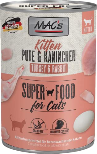 Mac's Kitten Mix 12 x 400g | 3 Sorten Katzenfutter für Kitten – Pute/Rind/Ente, Pute/Kaninchen, Kalb/Hühnerherzen – Getreidefrei, hoher Fleischanteil, artgerecht