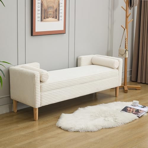 KEIKI 65.4" Corduroy Bedroom Bench with Armrests, Backrest, and Bolster Pillows, Multi-Function Storage Bench Ottoman End of Bed Bench for Bedroom, Entryway, Closet, Ivory by KEIKI - Image 6