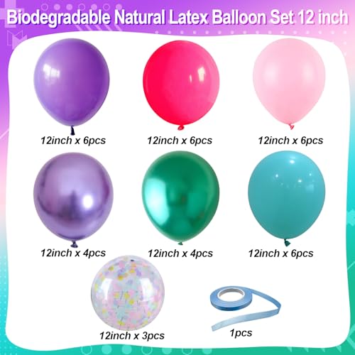 Image of Hot Pink and Purple Balloons, 12 Inch Purple Pink Teal Blue Mermaid Balloons, Metallic Purple Green Confetti Balloons for Girls Under The Sea Party Balloons Pink and Purple Birthday Decorations