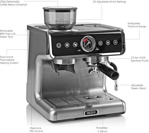 BEEM ESPRESSO-GRIND-PROFESSION Espresso Portafilter Machine with Grinder | 2 Thermoblocks for Simultaneous Preparation of Espresso and Micro Milk Foam | Cone Grinder with 30 Grind Settings