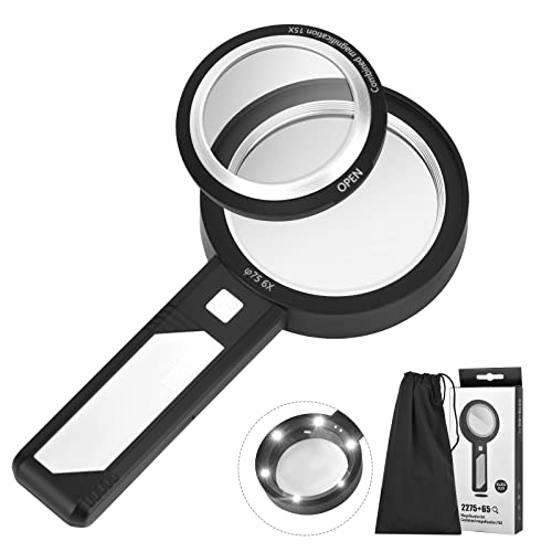 Kacsoo Loupe de Grossissement 15X avec 6 LED, Grande Loupe avec 2 Modes Professionnelle pour la lecture, l'inspection, l'exploration, les personnes âgées, les bijoutiers Cover