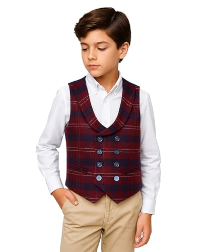 Boys' Burgundy Tweed Double Breasted Waistcoat with Adjustable Back Strap