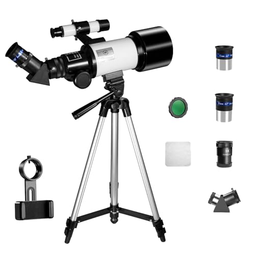 Telescopio refractor de apertura de 70 mm y 300 mm con adaptador de teléfono, lente Barlow 3X, buscador, filtro de luna, trípode de aluminio ajustable, telescopio astronómico portátil