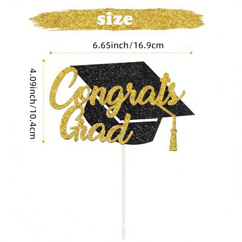 Graduation Cake Topper, Congrats Grad Cake Topper Decorations, Class of 2026 Graduation Party Decorations, Black Gold Decor Party Supply for Congrats Grad