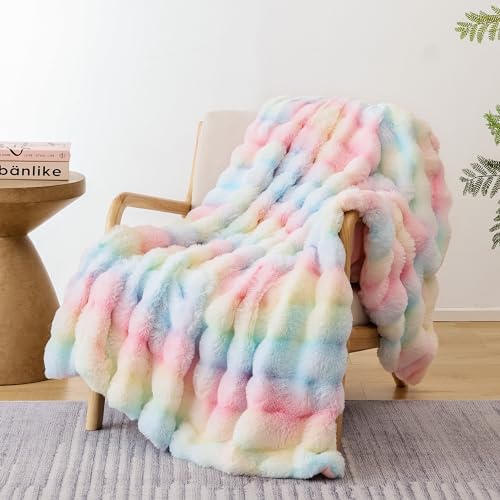 Smoofy Faux Fur Throw Blanket for Couch Rabbit Fleece - Rainbow Fluffy Blanket for Sofa Bedroom Living Room, Cozy Soft Plush Luxury Thick Winter Fuzzy Comfy Bubble Blanket - 50" x 60"