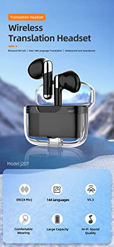 Language Translator Earbuds, Multifunctional Bluetooth Translator Earphone Support 144 Languages, Voice Translation Device, with APP, Transparent Case (White)