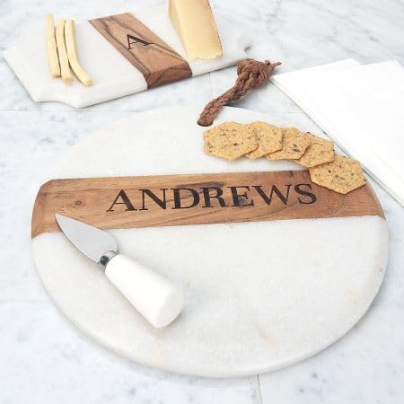 Luxe White Marble & Wood Round Personalized Serving Tray - 10" Monogrammed Charcuterie Board
