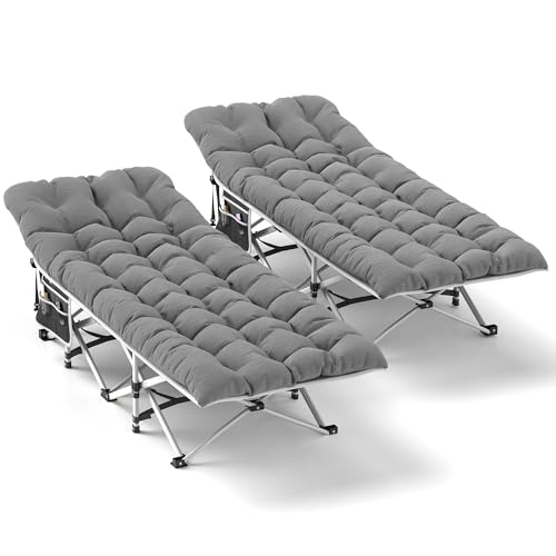 DWVO 2PCS Camping Cots Portable Recliner Lounge Chair w/Mattress Outdoor Folding Cot Heavy Duty 575 LB Capacity 1200D Oxford w/Carry Bag Travel Camp Bed for Camping, Office, Traveling, Grey