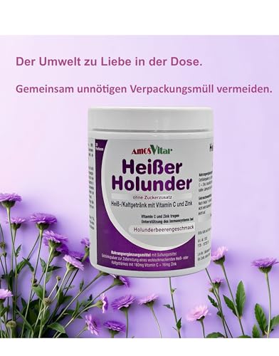 AMOSVITAL Heißer Holunder - Vitamin C und Zink zur Unterstützung der normalen Funktion des Immunsystems - 30 Protionen - der Umwelt zu Liebe in der Dose mit Messlöffel - vegan (1)