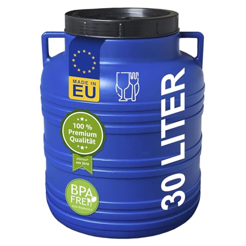 plasteo® Tonneau à col large de 30 litres avec couvercle et poignées, adapté à un usage alimentaire et sans BPA, tonneau en plastique universel, avec couvercle, tonneau à eau, citerne de stockage,
