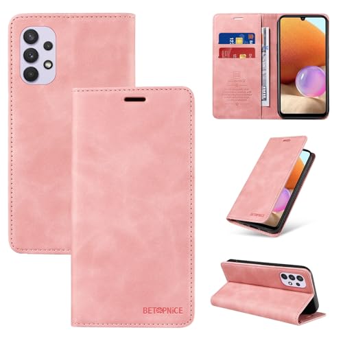 Housse Samsung A32 4G anti-RFID avec porte-cartes et rabat en cuir rose résistant aux chocs
