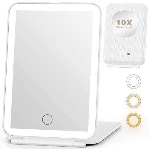 Auxmir Espejo Maquillaje con Luz 10X/1X Recargable Doble Cara, Espejo Aumento Táctil Ligero Plegable Portátil 50 Leds 3 Colores de Luz Brillo Regulable con USB 1500mAh para Bolso Viajes, Blanco