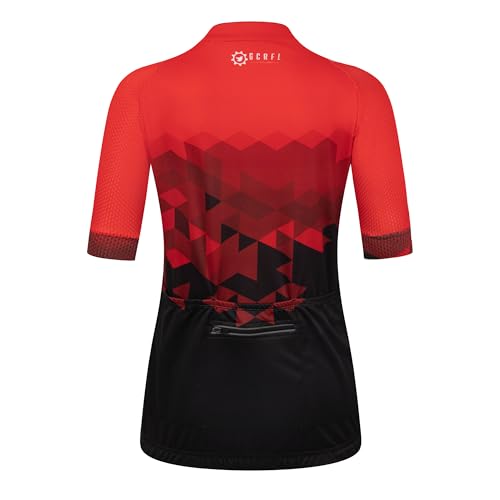 GCRFL Camisa feminina de ciclismo de manga curta com 4 bolsos, bolso feminino com zíper, Vermelho, P