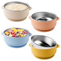 4er Set Edelstahl Baby Schüsseln mit Saugnapf, Verbrühungsschutz Baby Schalen, Abnehmbare Silikonschale, Breischale für Babybrei & Porridge, BPA Frei Auslaufsicher für Kleine Kinder (Mehrfarbig)