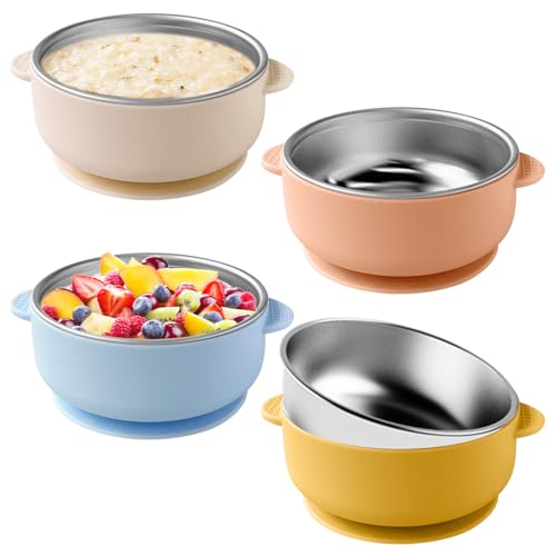 Set di 4 ciotole per bambini in acciaio inox con ventosa, protezione dalle scottature, ciotola in silicone rimovibile, ciotola per porridge e porridge, senza BPA, a prova di perdite per bambini