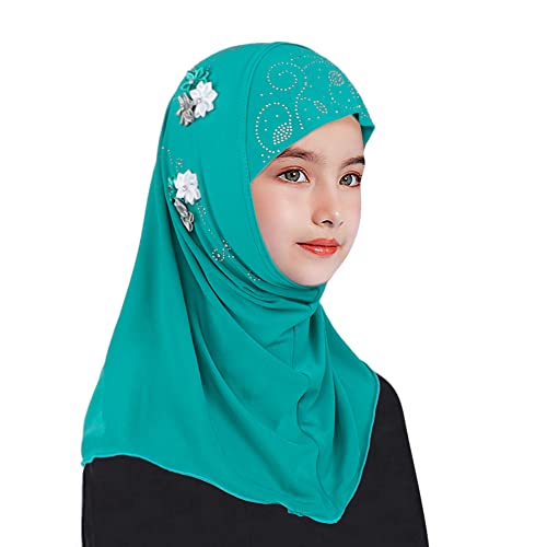 Girl Muslim Turban One Piece Floral Hijab Modest Fashion Al Amira Islamic Long Shawl Head Wrap Arab Kid Sequin Headwear Scarf Green, 4-8 Years