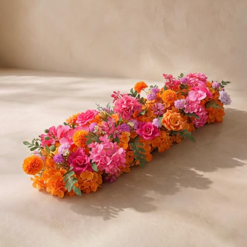36inch Aisle Flower Garland with Chiffon Sheer Drape, Bright Multi-Color Rose with Hydrangea & Chrysanthemum Artificial Flowers, Floral Runner for Wedding Arch, Backdrop, Table Decor, Ceremony Pathway