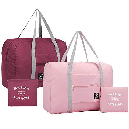 2PCS Foldable Travel Bag Luggage Storage for Sports Gym Water Resistant Nylon Canvas Duffel for Men, Women 32 Liter (Red+Pink)