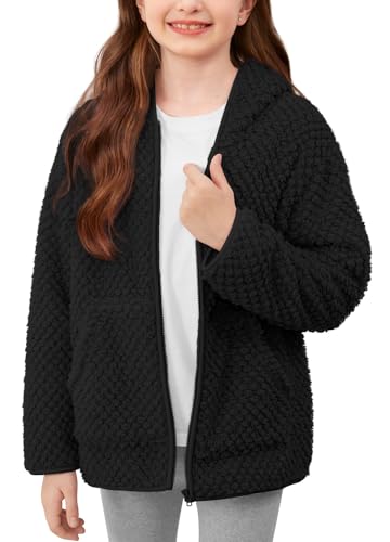 IMMER Girls Winter Full Zip Sherpa Fleece Long Sleeve Solid Hoodie Fuzzy Jacket Outwear Coat with Pocket 4-14 Years
