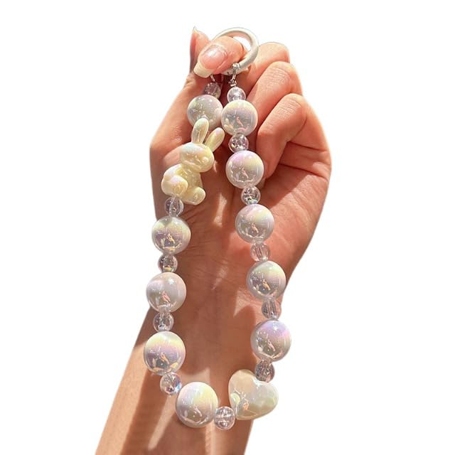 ZIBUYU® Beading Phone Chain Cute Little Bunny Phone Chain Wrist Strap, Shimmery Acrylic Beaded Phone Charm Car Key Charm Decorative Charm for Phone, Keys, Bag