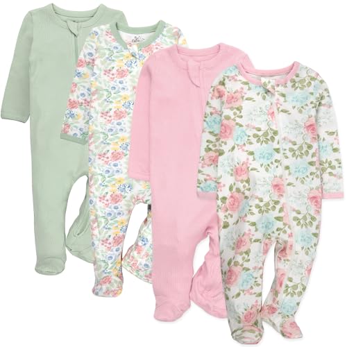 Baby Essentials Baby Girls Footie Sleepwear Pajama Set 4-Piece Long Sleeve Zip Front Sleep & Play (9 months)