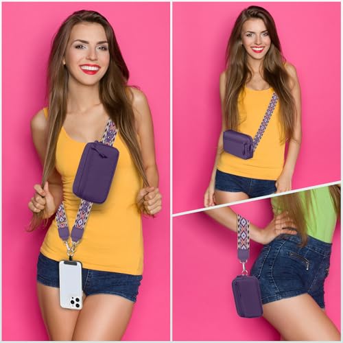 Image of YFWE Clip and Go Strap for Phone with Wallet Crossbody, Adjustable Phone Lanyard with Detachable RFID Wristlet Wallet, Pattern Strap - Dark Purple (L)