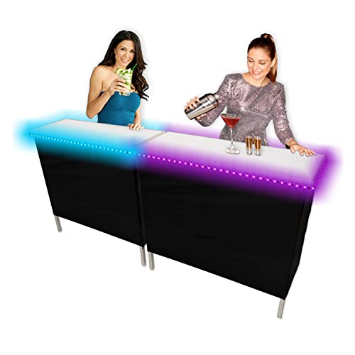 PARTYPONG Portable Bar w/ 16 LED Light Colors, Black & Hawaiian Bar Skirts, Supportive Storage Shelf, Folding Legs & Carrying Case - Double Bar