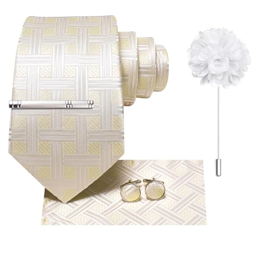 Image of Hi-Tie Beige Yellow Plaid Men's Dress Tie Sets Silk Woven Neckties and Pocket Square Lapel Pin Silver Tie Clip Cufflinks Set Wedding Business 6PCS