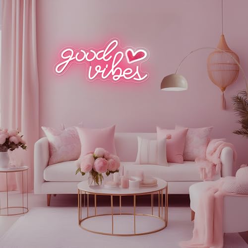 Image of Good Vibes Neon Sign 16.1 X 7.8 inch Pink Good Vibes Neon Light with Red Heart UV-Printed Dimmable USB Powered Aesthetic Led Light Up Sign for Bedroom Girls Room Birthday Party Bar Wedding Present
