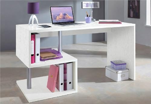 Dmora Scrivania moderna ad Esse per ufficio e studio con scaffale, Made in Italy, Tavolo da computer, Scrittoio porta PC, cm 140x60h75, colore Bianco frassinato