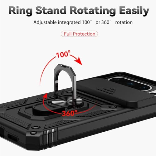 Image of Scalebee Google Pixel 8 Pro Case Cover, Black | Heavy Duty Rugged Armor, Slide Camera Shield, 360 Rotated Ring Kickstand, Slim Fit Shockproof Bumper
