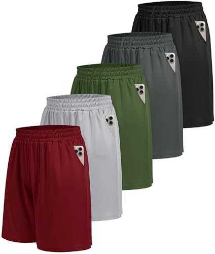 BOOJO 5er Pack Sporthose Herren kurz mit Taschen schnell trocknend | Jogginghose, Trainingshose, Gym-Hose, baggy, atmungsaktiv, elastischer Bund, leicht, schweißableitend, vielseit
