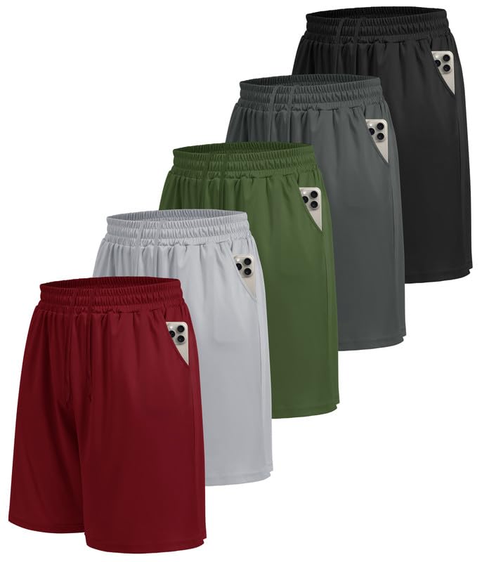 BOOJO Confezione da 5 pantaloncini sportivi da uomo con tasche, ad asciugatura rapida, pantaloni da corsa, per palestra, basket