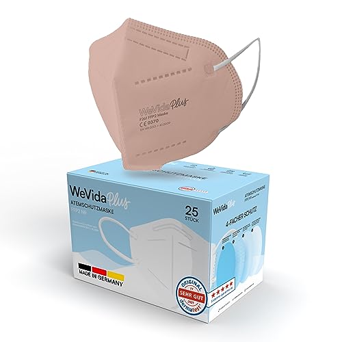 WeVida® Plus FFP2 Mascarilla fabricada en Alemania – 25 unidades envasadas individualmente, ajuste más grande, dermatológicamente probado, con certificado CE de la UE según EN149:2001+A1:2009, CE2841