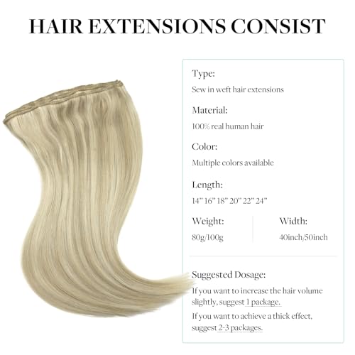 Image of DOORES Weft Hair Extensions Human Hair, 16 Inch 80g Ash Blonde Highlighted Platinum Blonde Sew in Hair Extensions Real Human Hair Highlights Hair Weft Extensions Sew in Hair Bundles