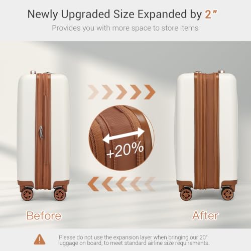 Image of Kono Carry On Luggage Sets 2 Piece, 20 Inch Expandable Hardshell Suitcase | 22x14x9 Airline Approved with Toiletry Bag, Lightweight PC+ABS, Spinner Wheels, TSA Lock, for 1-3 Days Trips, Cream White