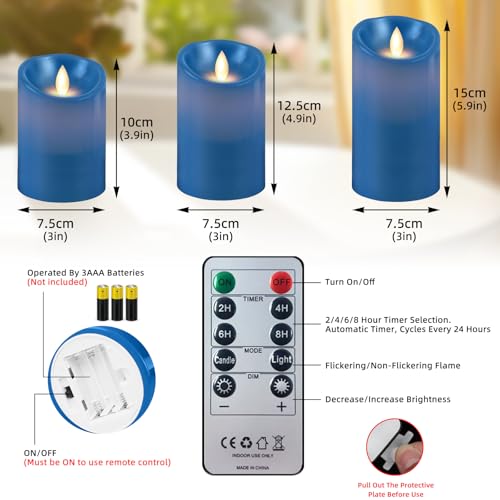 Velas con batería para bodas y Navidad en set de 3 piezas de cera azul 2